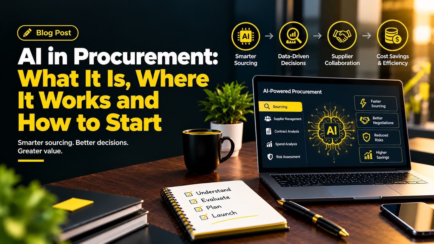 AI in procurement shown across smarter sourcing, data-driven decisions, supplier collaboration and cost savings
