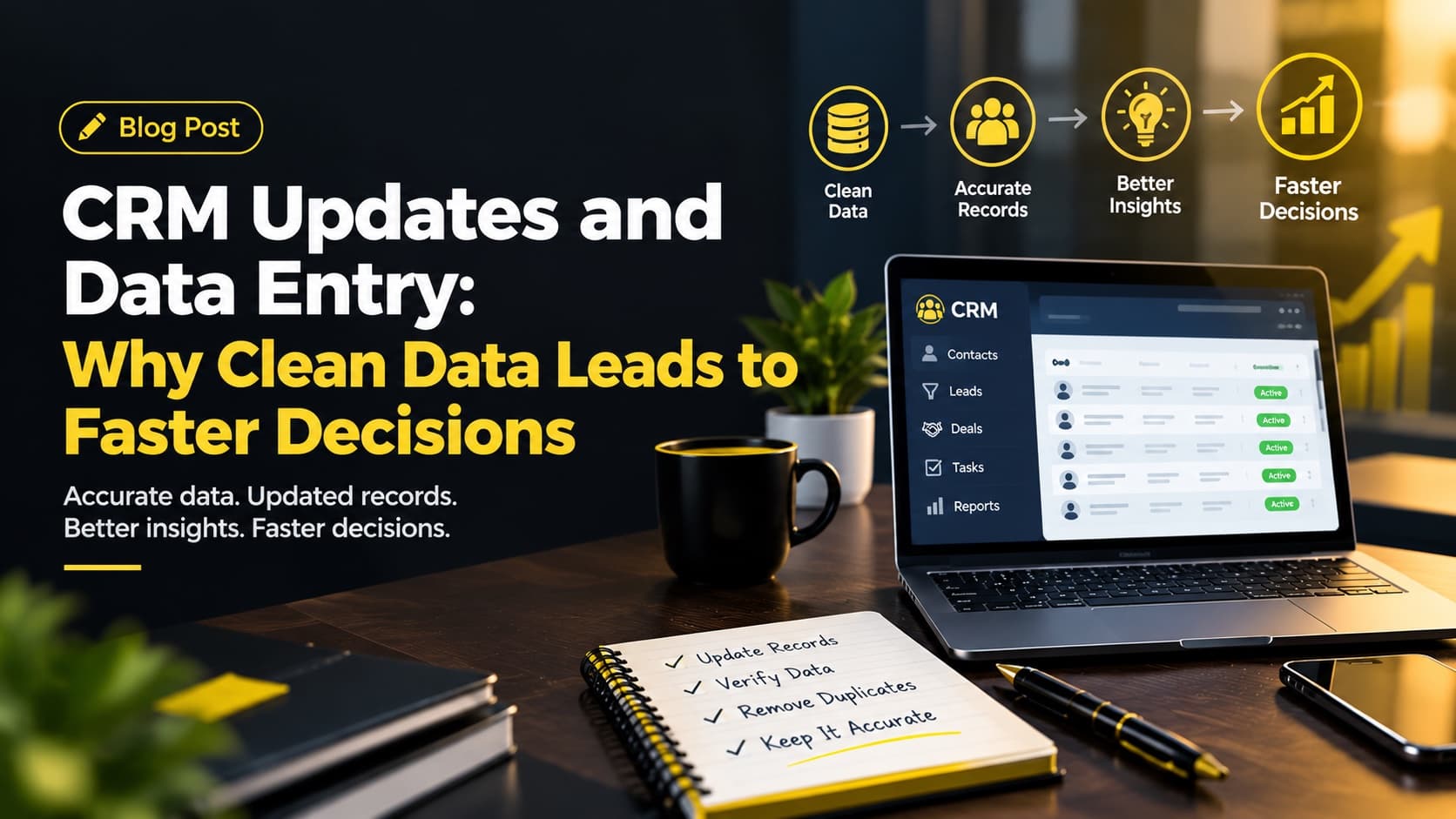 CRM updates and data entry shown as a flow from clean data to accurate records, better insights and faster decisions