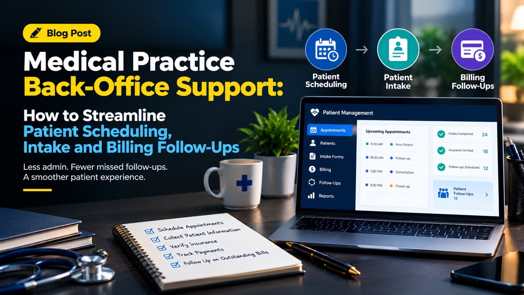 Medical practice back-office workflow running from patient scheduling through intake to billing follow-ups