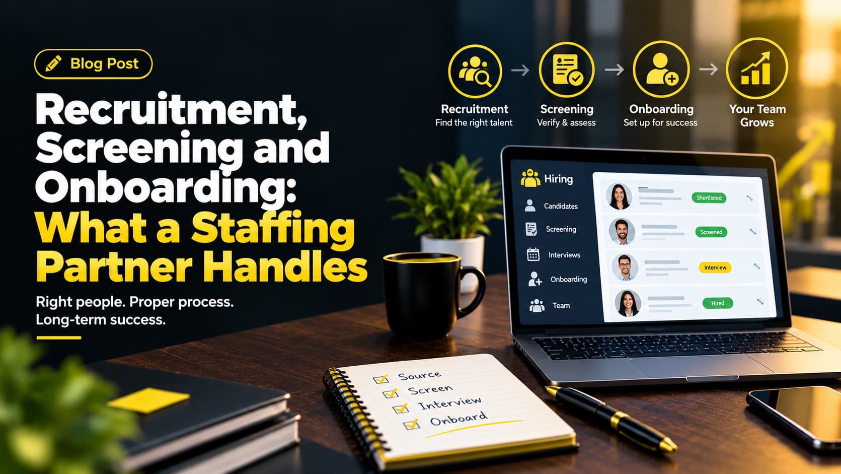 The hiring chain from recruitment to screening to onboarding, shown with a candidate pipeline moving from shortlisted to hired