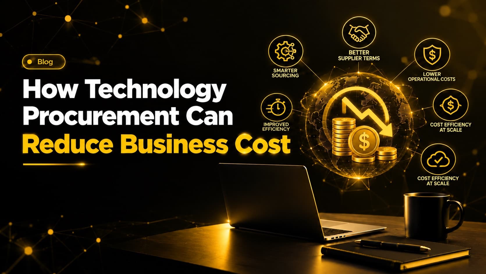 Laptop and cost reduction icons illustrating how technology procurement lowers business costs