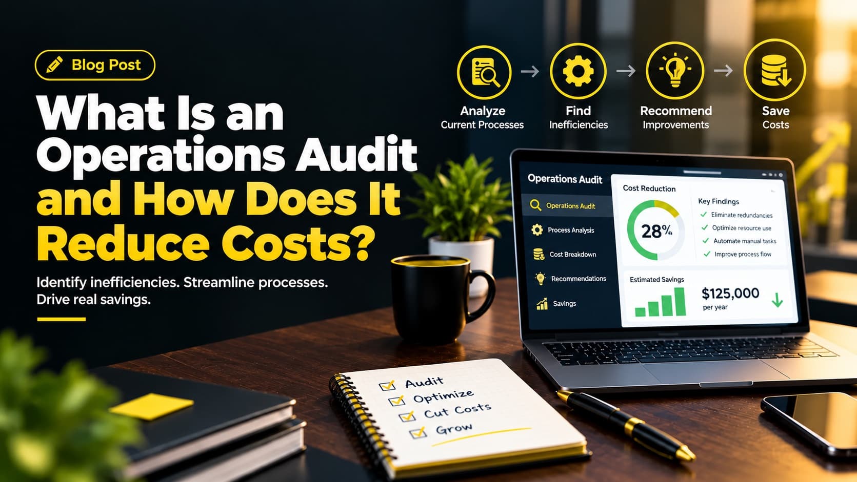An operations audit shown as four stages: analyze current processes, find inefficiencies, recommend improvements and save costs